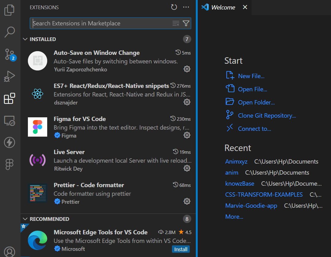 The VS Code extensions panel displays installed developer tools including React snippets, Figma integration, and Live Server, with Microsoft Edge Tools recommended for installation.