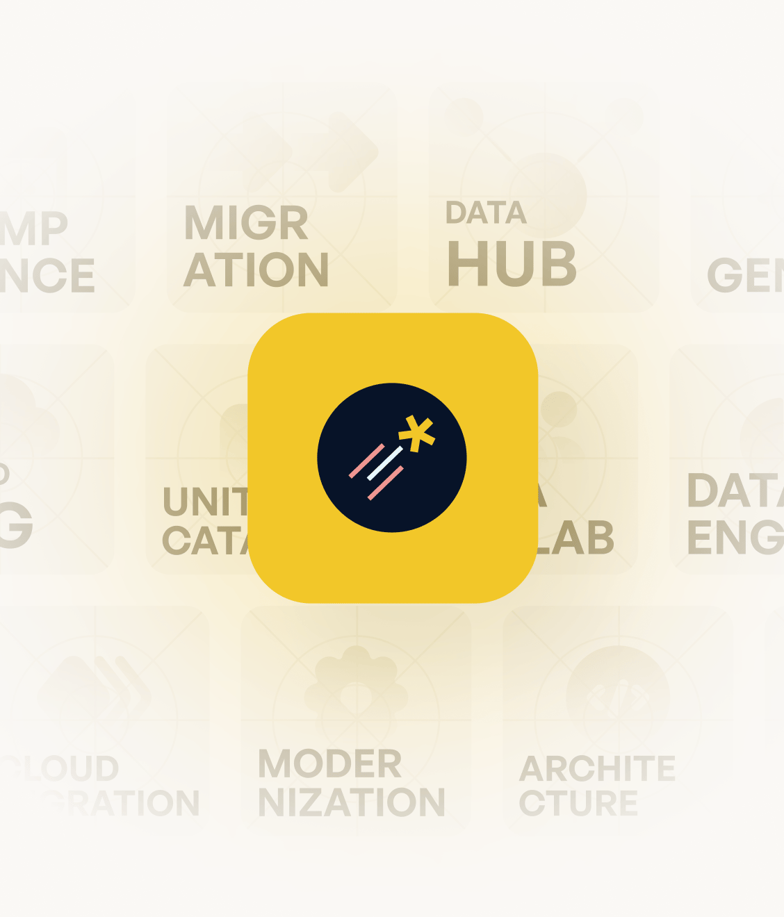 A yellow square app icon features a minimalist design with a black circular background containing intersecting red and white lines and a yellow asterisk symbol.