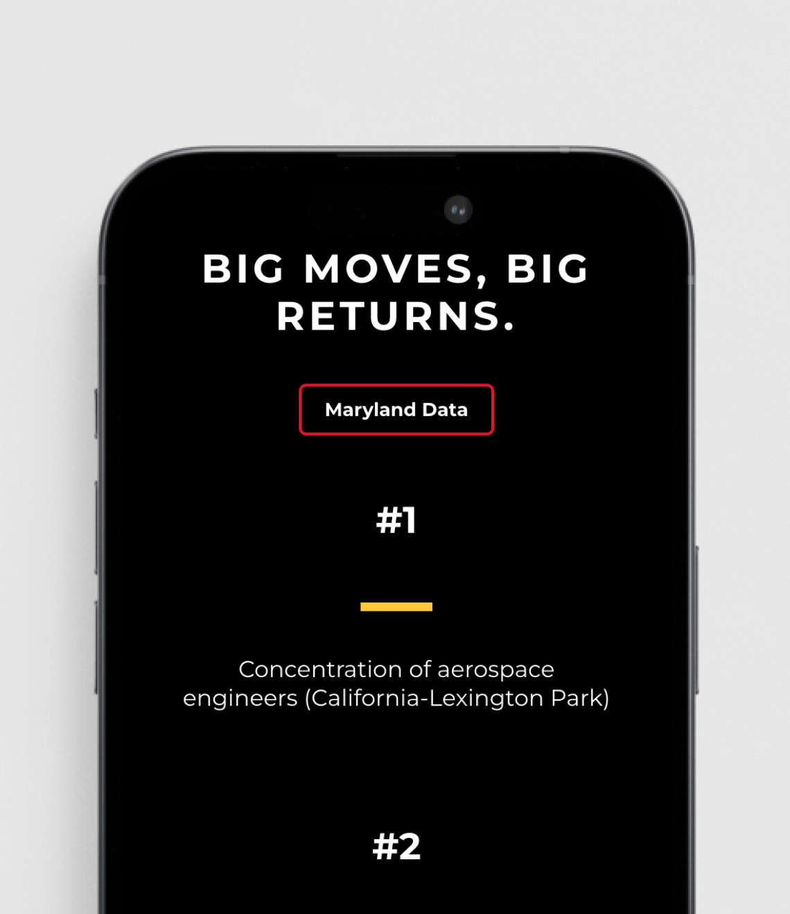A mobile phone screen displays Maryland data showing Lexington Park ranks #1 in concentration of aerospace engineers compared to California.