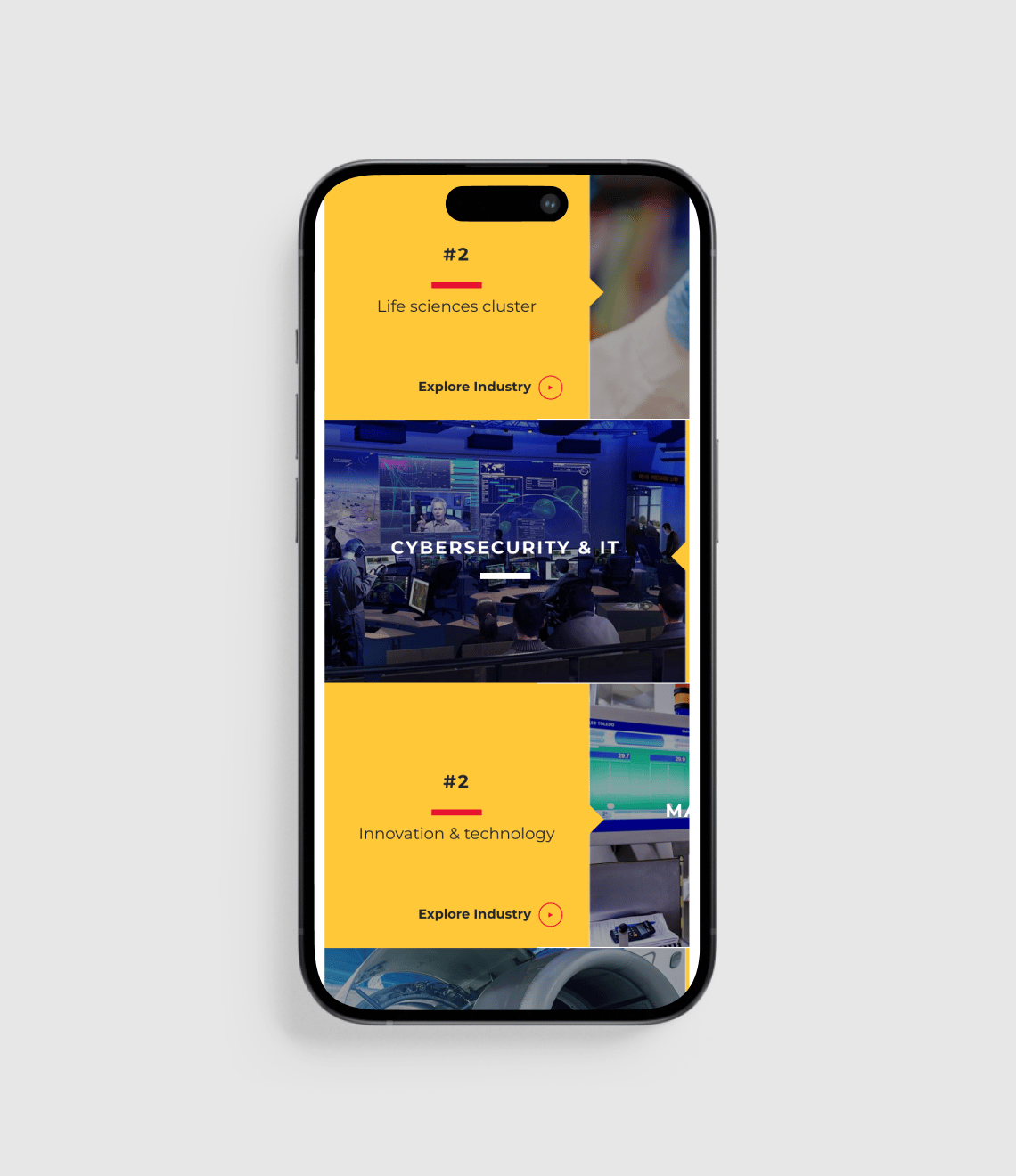 A mobile app interface displays industry categories including "Life Sciences Cluster" and "Cybersecurity & IT" with yellow sections and "Explore Industry" buttons.