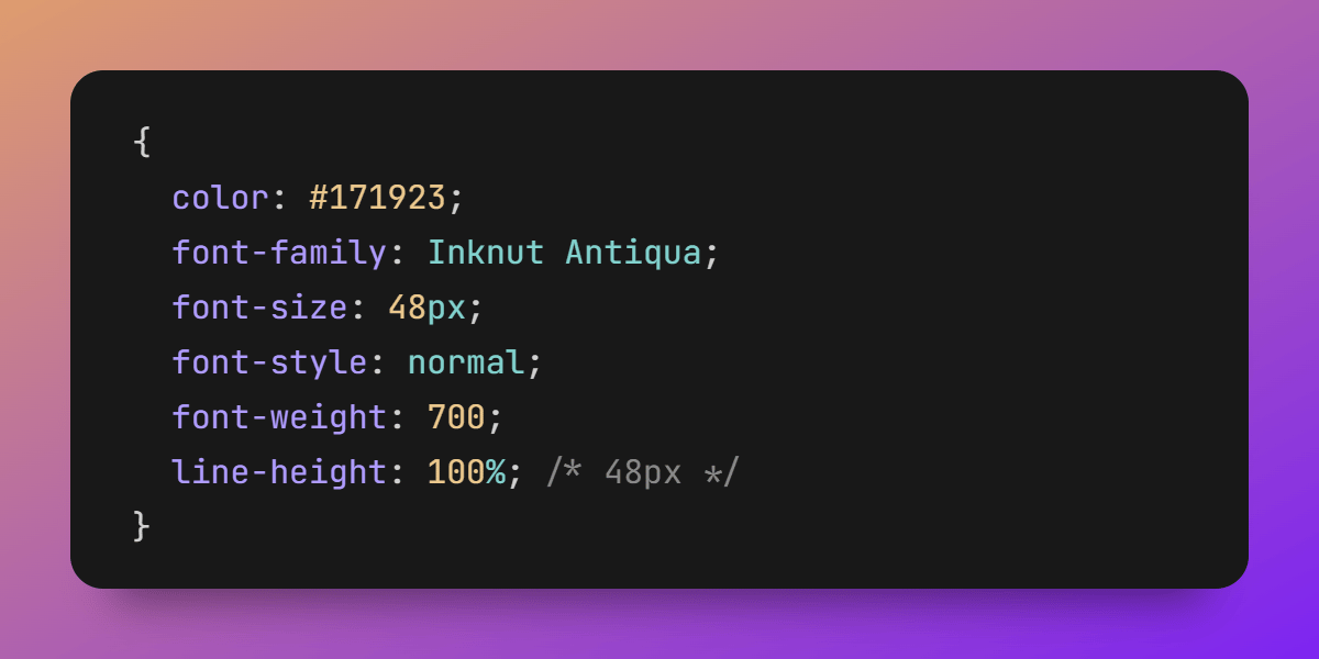 A CSS code snippet displays font styling properties including color, family, size, weight, and line height against a dark background with purple gradient edges.
