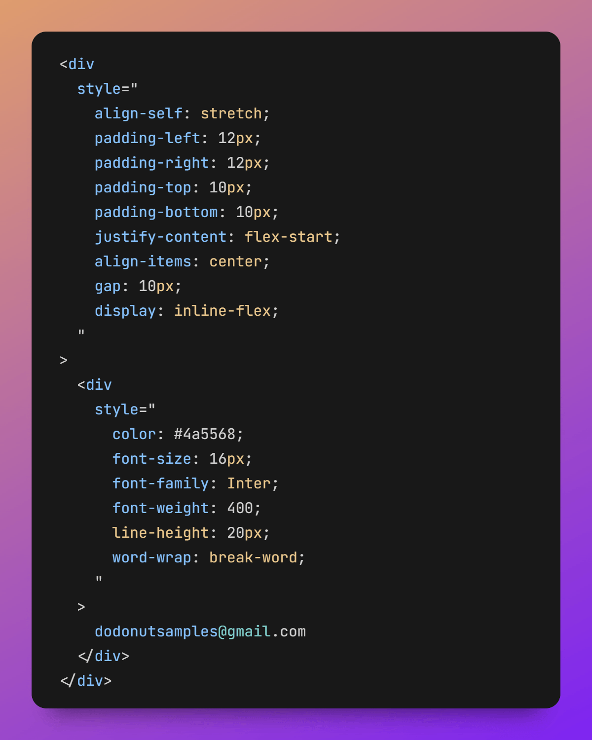 A CSS code snippet shows styling for a div container with an email address, using flexbox layout and specific padding, font, and color properties.