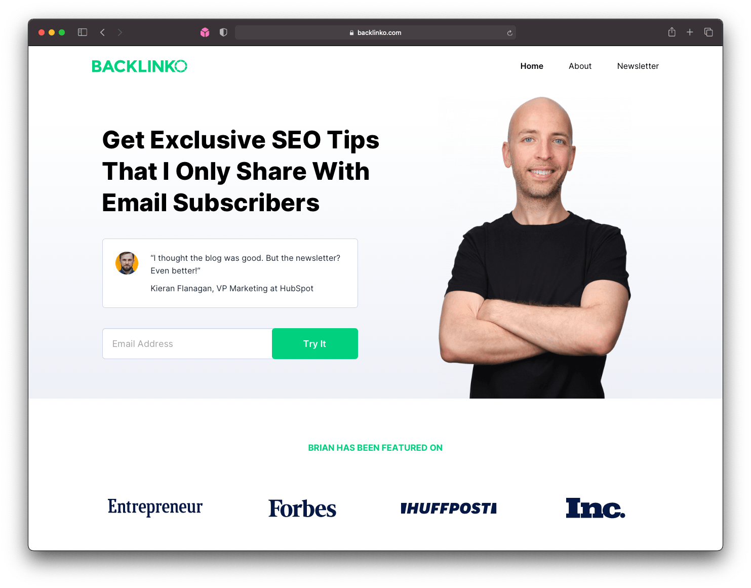 A newsletter signup page for exclusive SEO tips features a testimonial from HubSpot's VP of Marketing and logos of major publications like Forbes and Entrepreneur at the bottom.