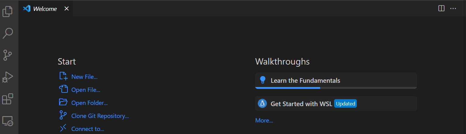 A dark-themed development environment interface shows a "Start" menu with file operations and a "Walkthroughs" section featuring learning resources and WSL setup options.