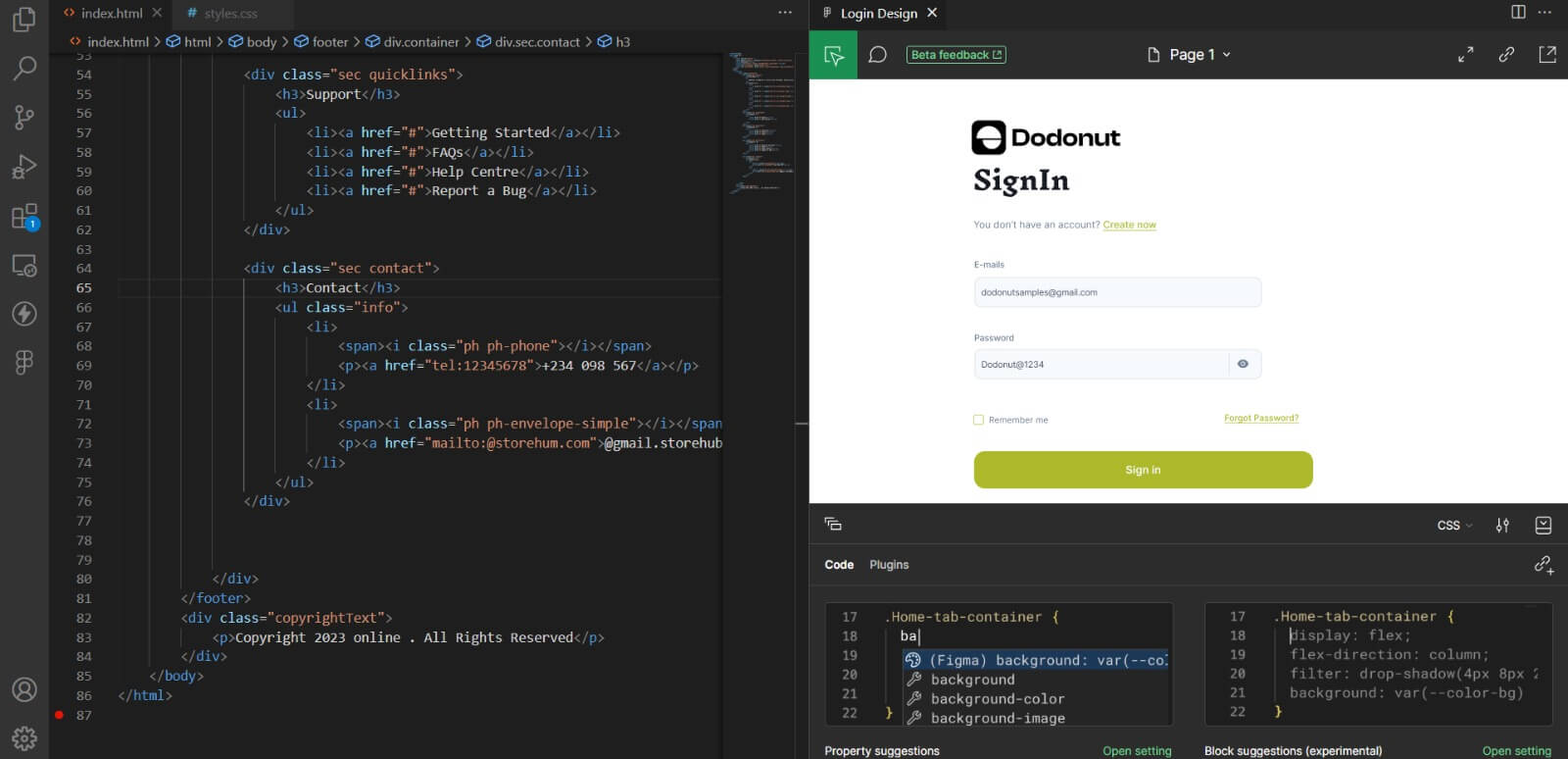 A split-screen view shows HTML/CSS code in VS Code on the left and a "Dodonut" sign-in page design preview on the right.