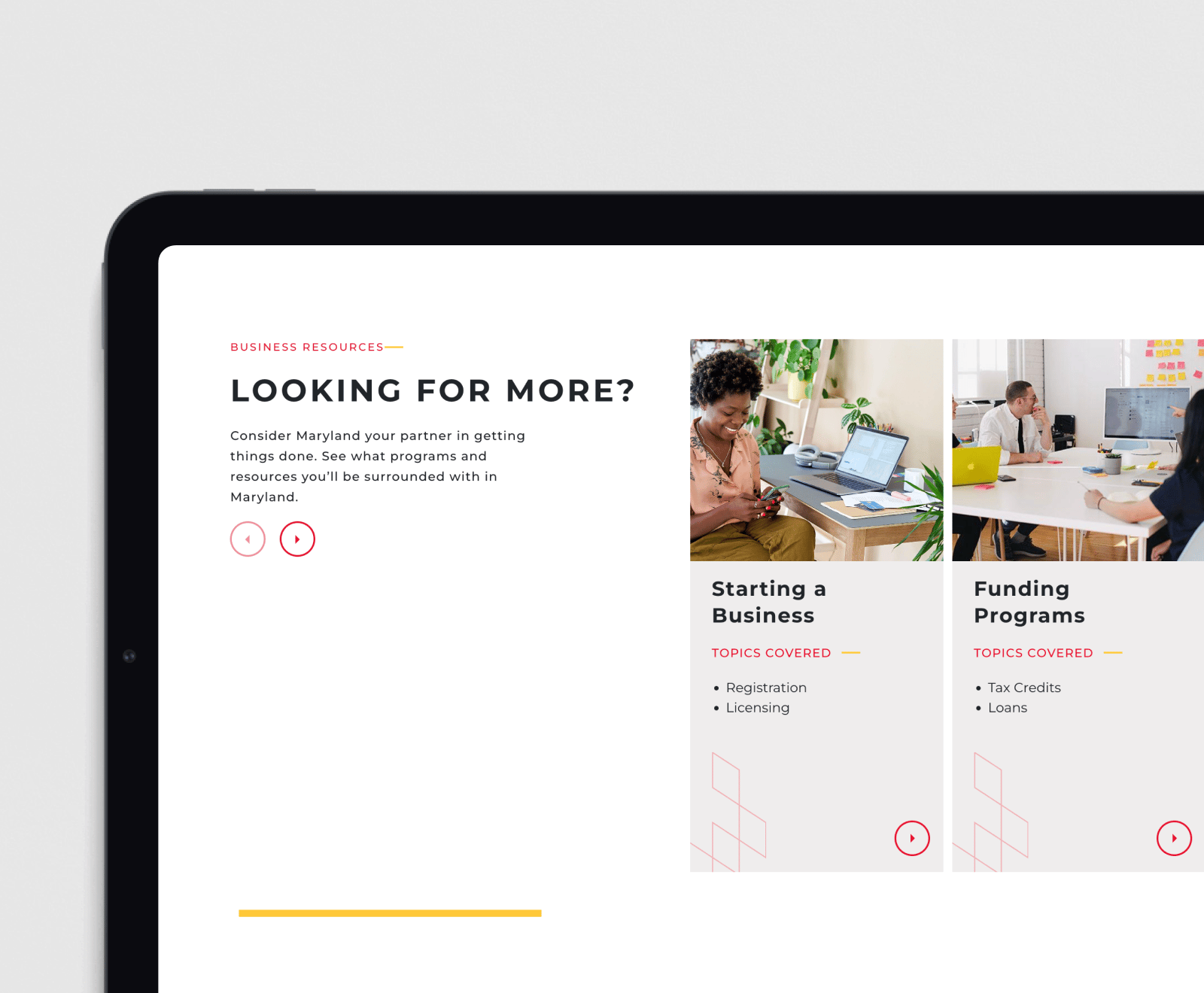 A business resources webpage displays information about starting a business and funding programs in Maryland, featuring navigation cards with topic listings and accompanying office workspace photos.