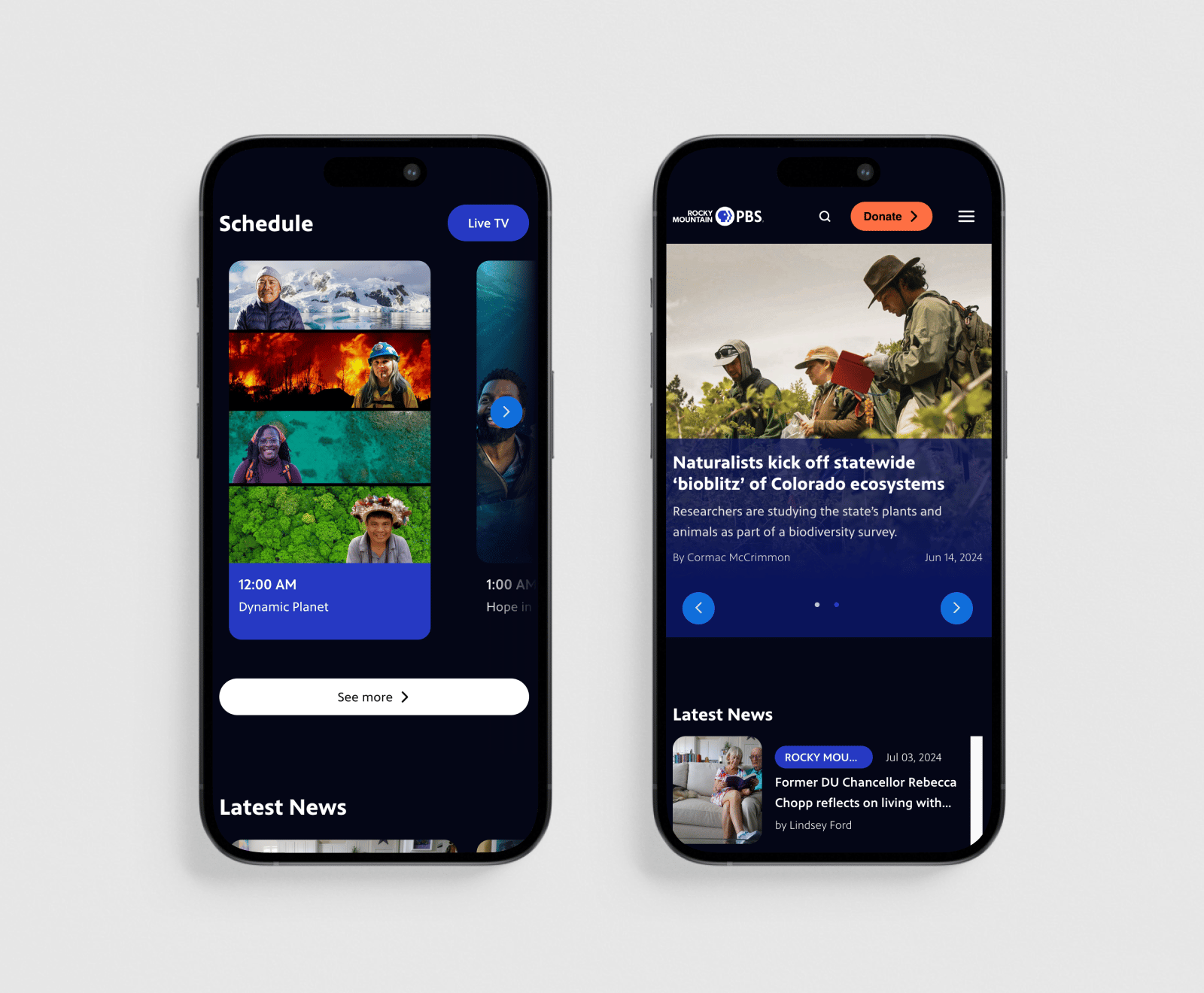 Two iPhone screens display a PBS app interface showing program schedules, news articles, and a featured story about Colorado ecosystem research.