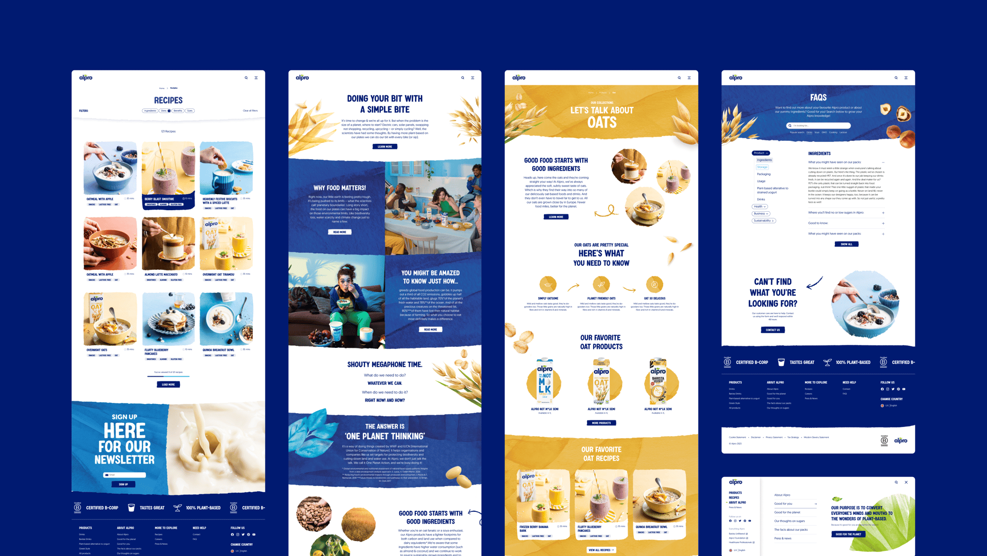 A modern website design layout showcasing various food and recipe pages with a blue and gold color scheme, featuring product images, navigation menus, and informational sections about oats.