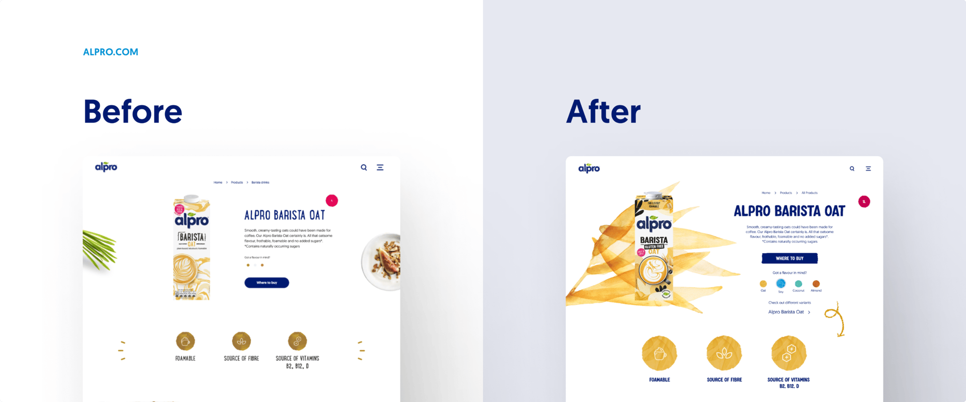 A before-and-after comparison shows the redesign of Alpro's website, featuring their Barista Oat product with improved visual elements and a more dynamic golden color scheme.