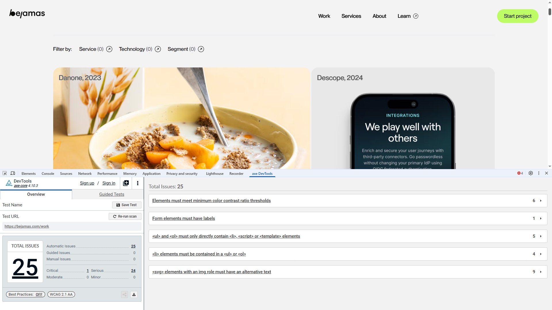 A website interface displays accessibility testing results with a score of 25 total issues, showing various criteria and checkpoints for web compliance evaluation.