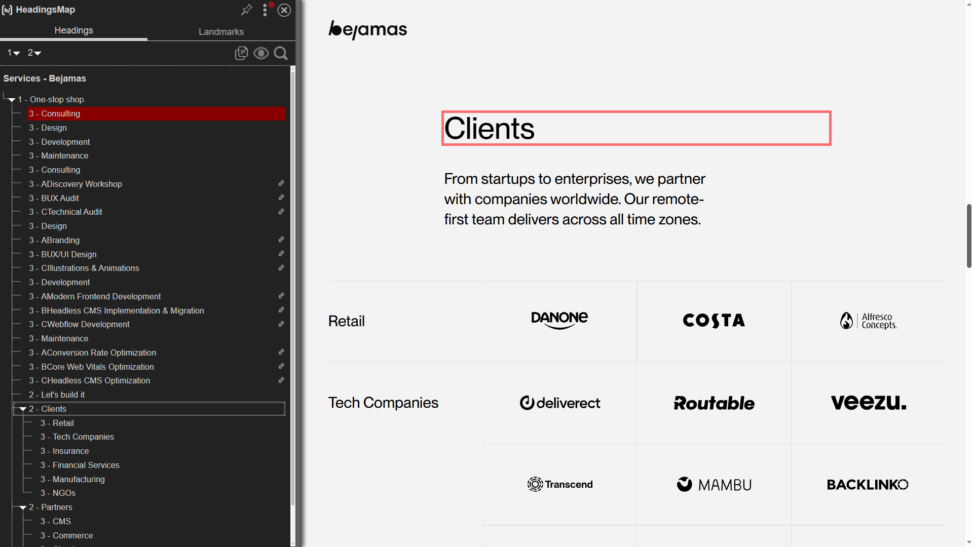 A website's client section displays various company logos organized into retail and tech categories, with brands like Danone, Costa, Deliverect, and Veezu among others.