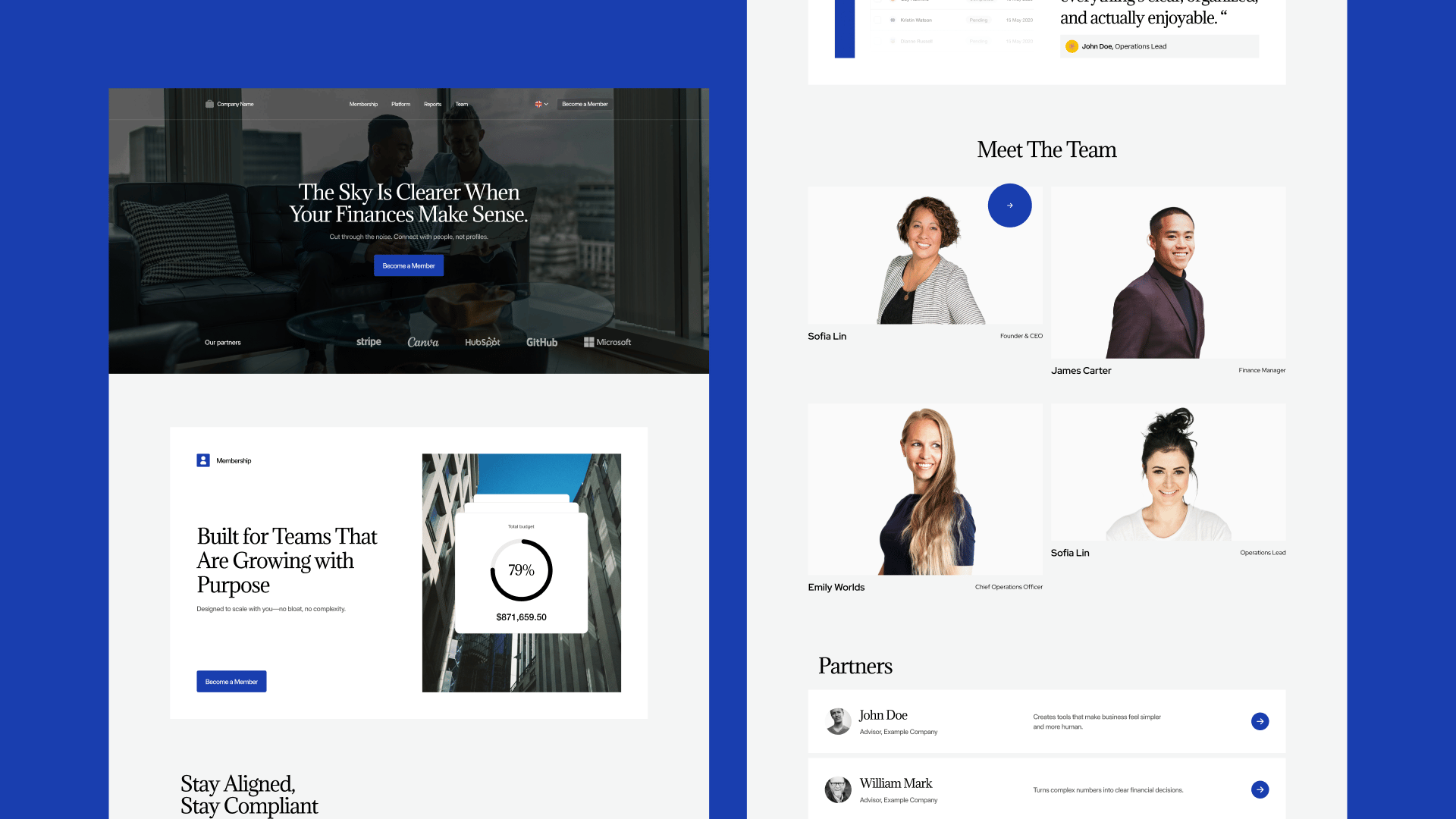 A modern financial services website layout featuring a clean design with team member profiles, statistics, and a professional dark header with the tagline "The Sky Is Clearer When Your Finances Make Sense."