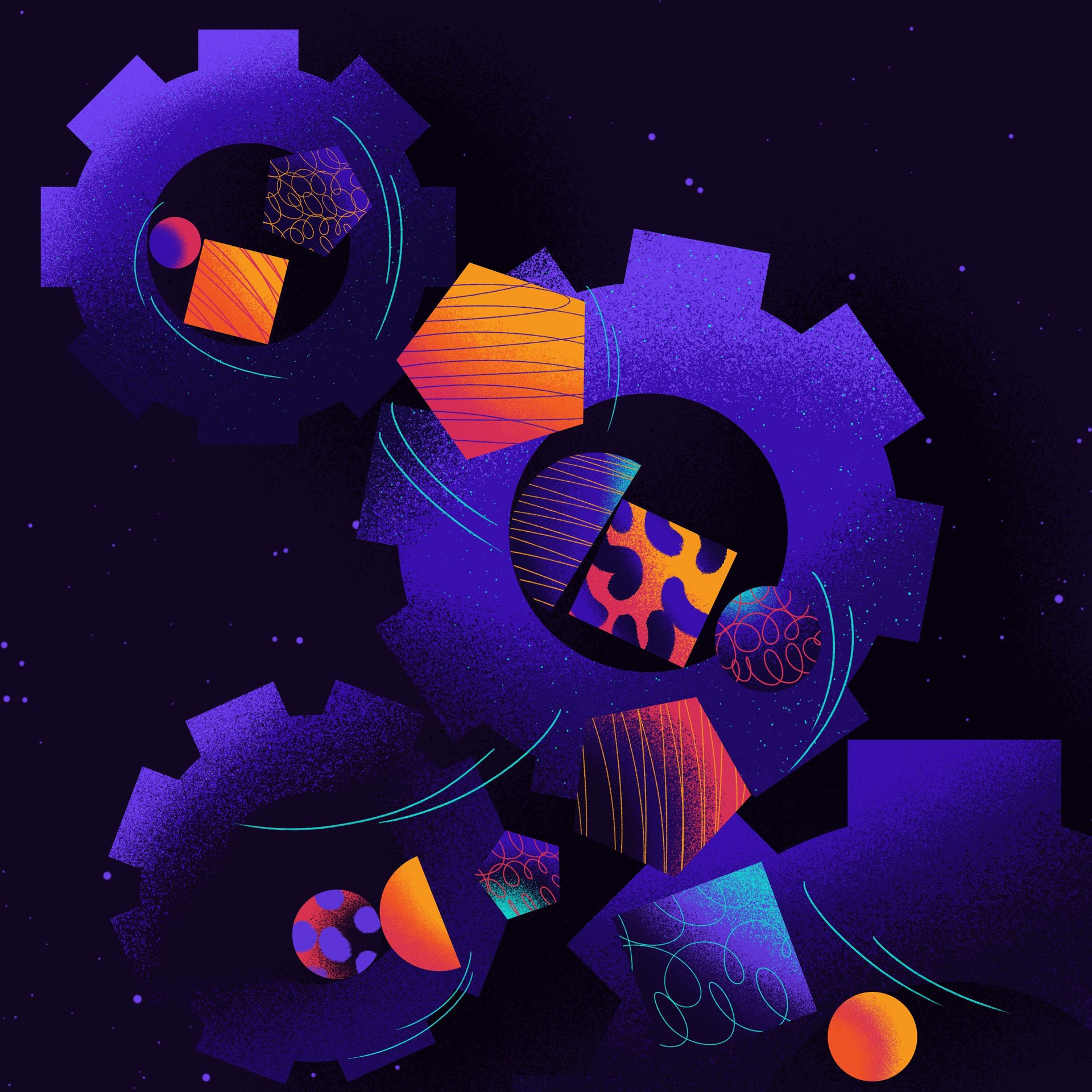 Abstract illustration of three purple gears filled with colorful geometric shapes.