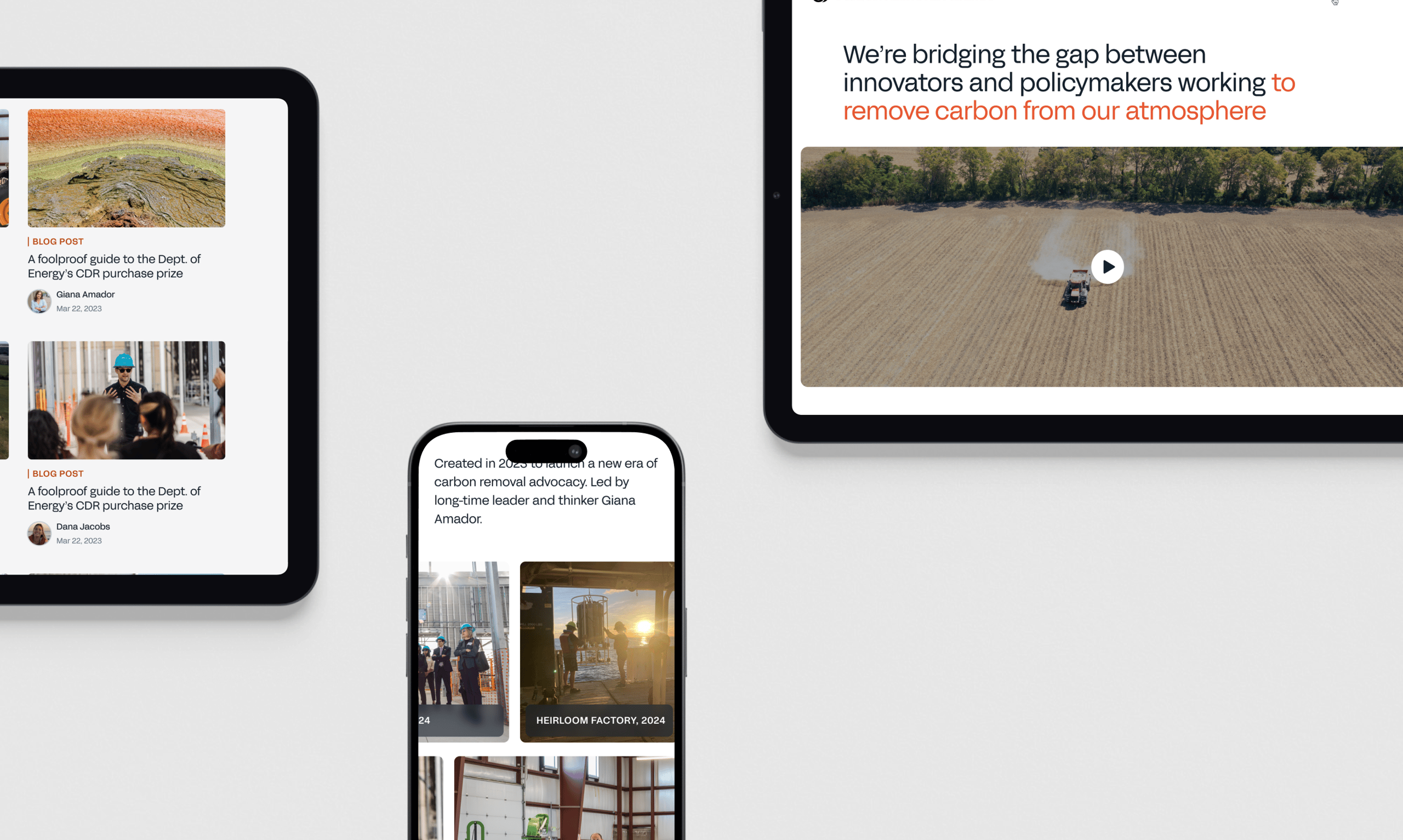 Multiple digital devices display content about carbon removal and environmental initiatives, including social media posts and a video of agricultural land.