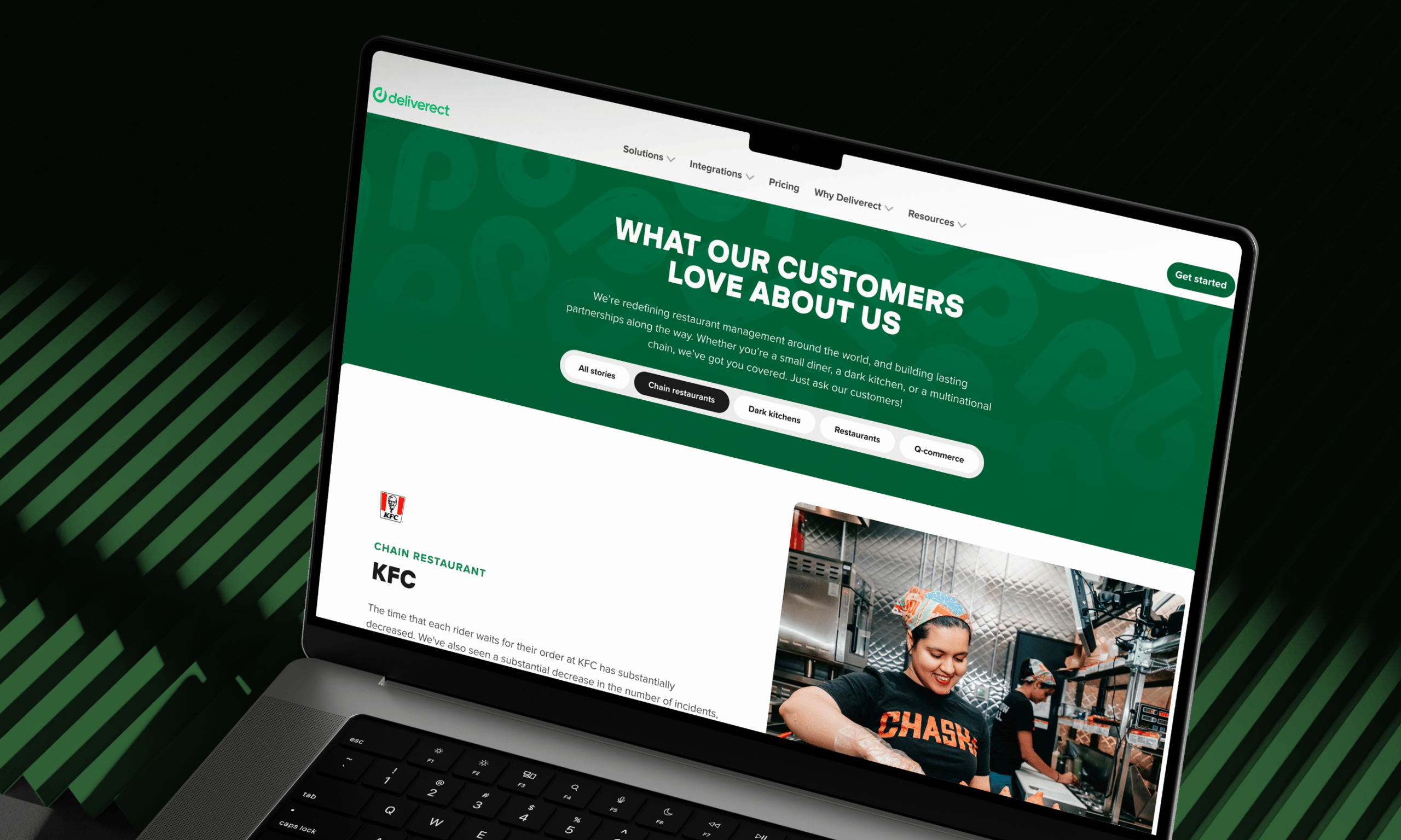 A laptop displays a customer testimonial webpage with a green header, featuring KFC's logo and a restaurant worker in action.