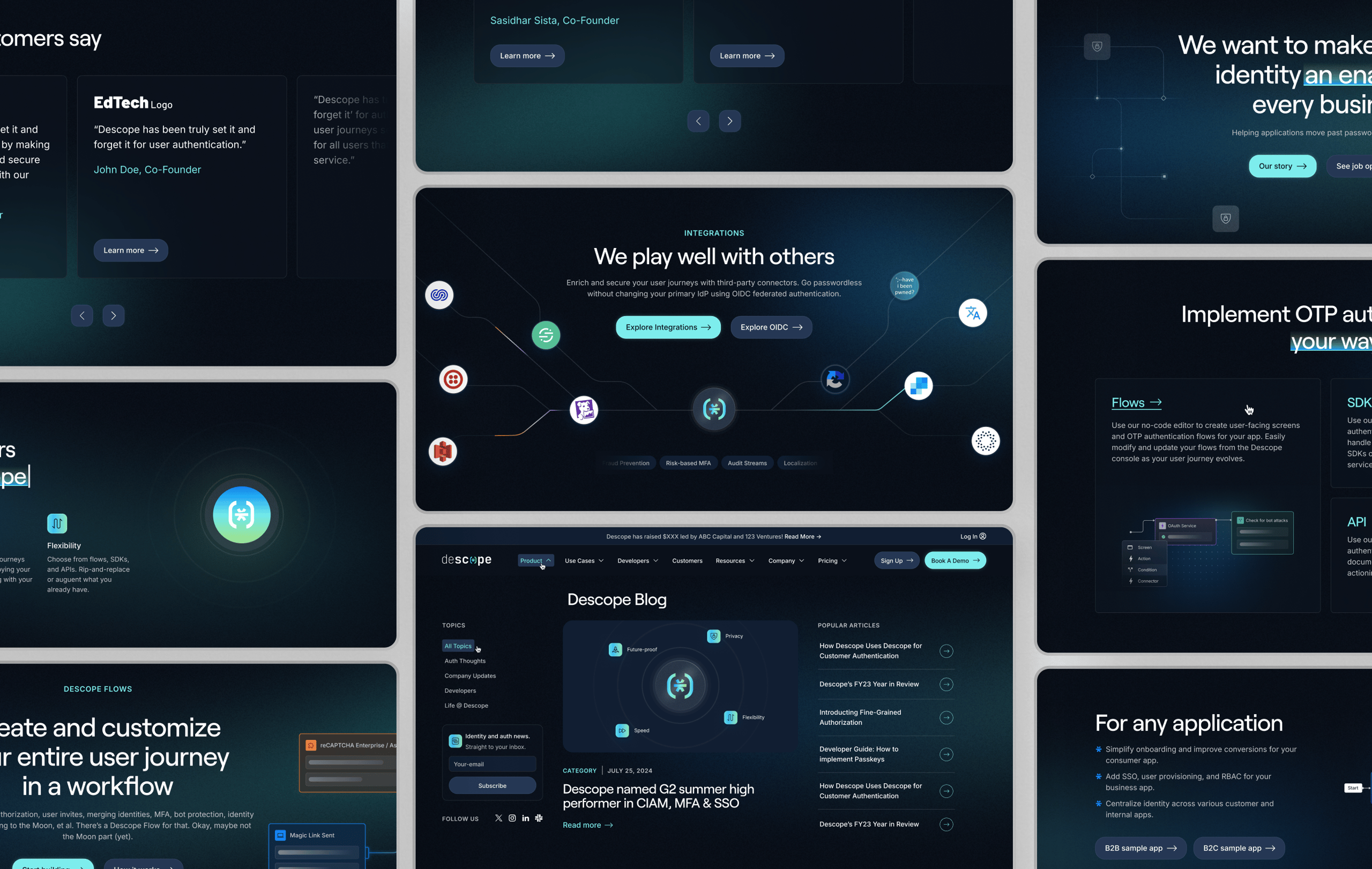 A collection of dark-themed user interface screens showcases various features and integrations of what appears to be an identity management platform.