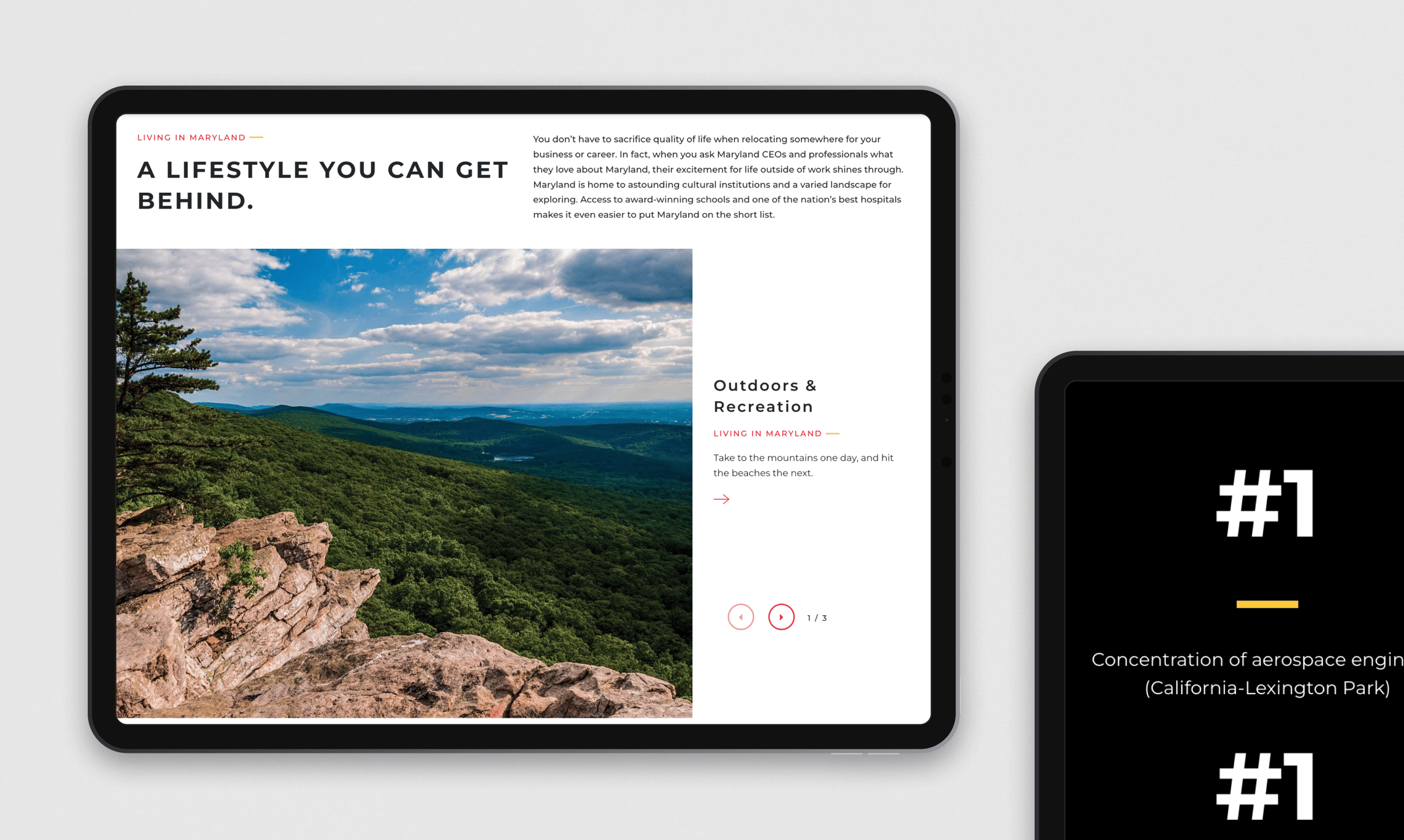 A tablet displays a lifestyle website featuring a scenic mountain landscape with rocky outcrops overlooking a vast forested valley under a cloudy blue sky.