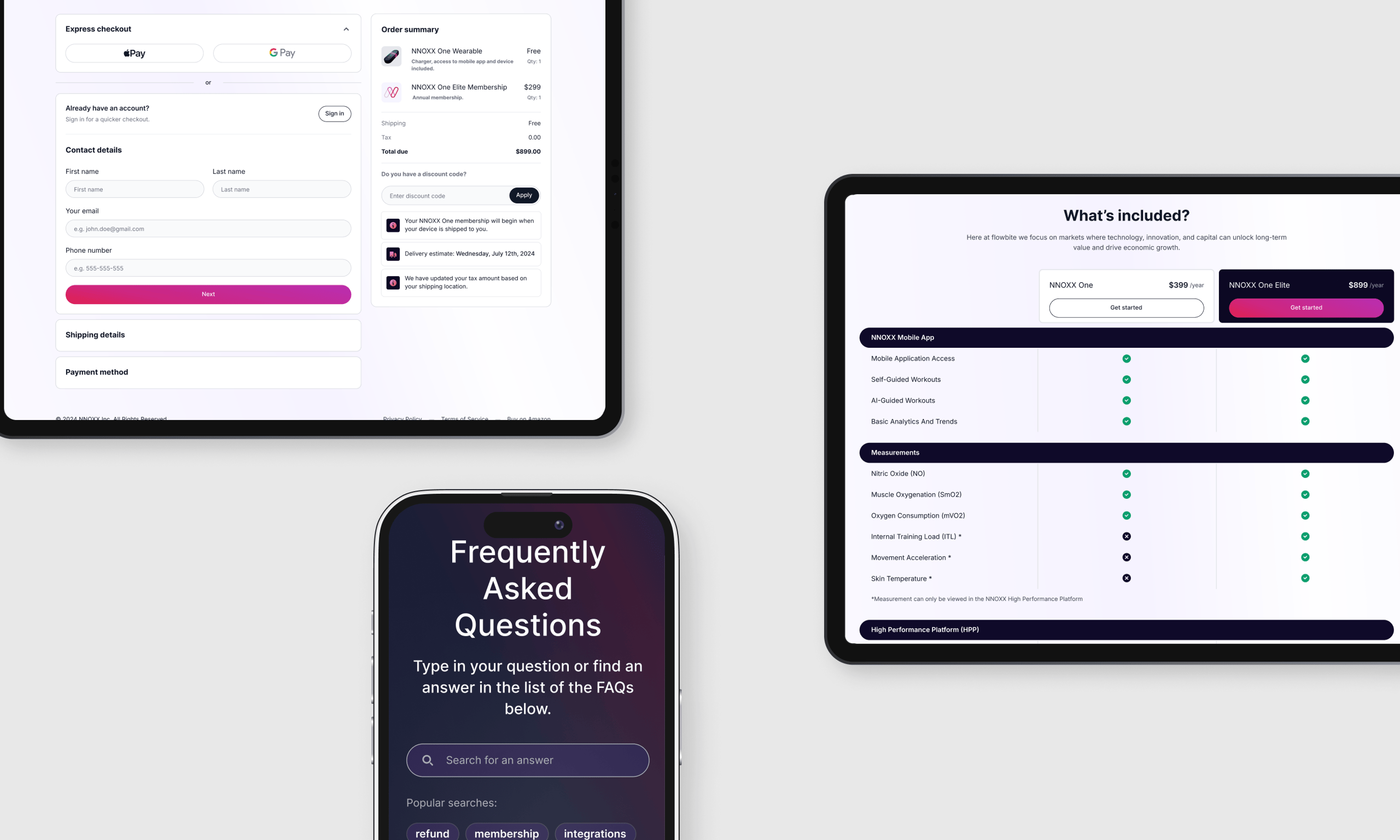 A collection of user interface screens showing a checkout form, FAQ search page, and a feature comparison table across multiple devices.