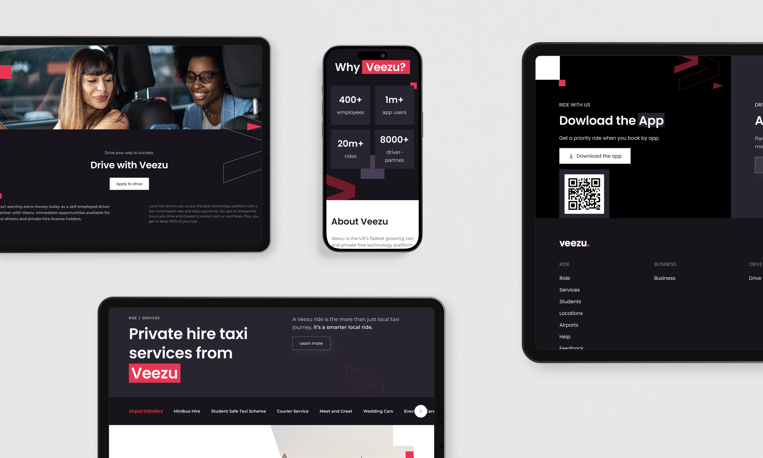 A collection of digital mockups shows the Veezu taxi service app and website displayed across multiple devices including tablets, smartphones, and desktop screens.