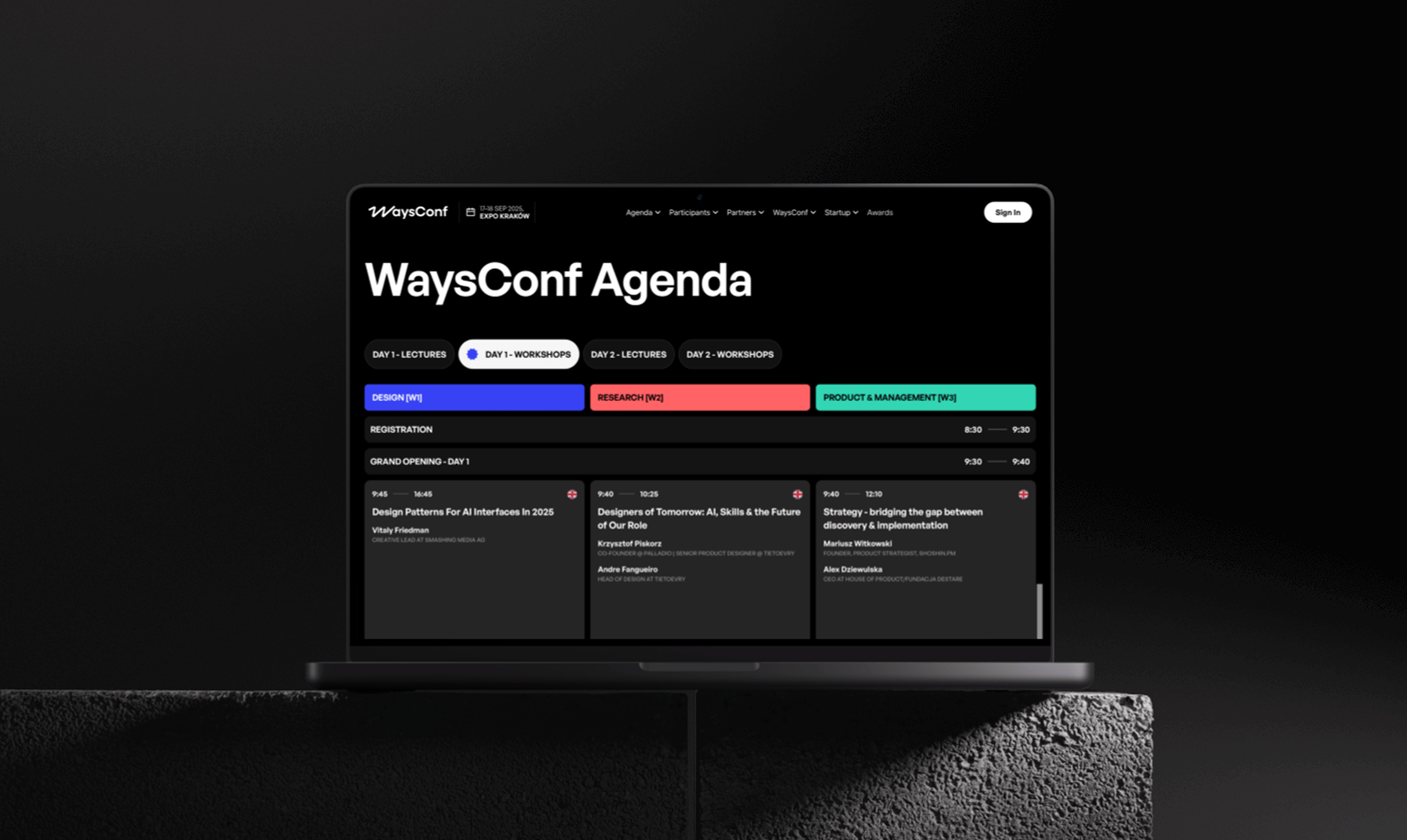 A laptop displays the dark-themed agenda interface for WaysConf, showing different conference sessions organized by color-coded tracks and time slots.