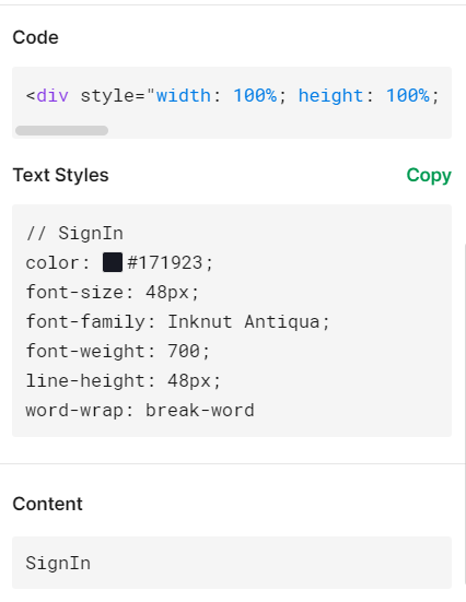 A code snippet shows CSS styling for a "SignIn" text element using Inknut Antiqua font at 48px size with dark gray coloring.