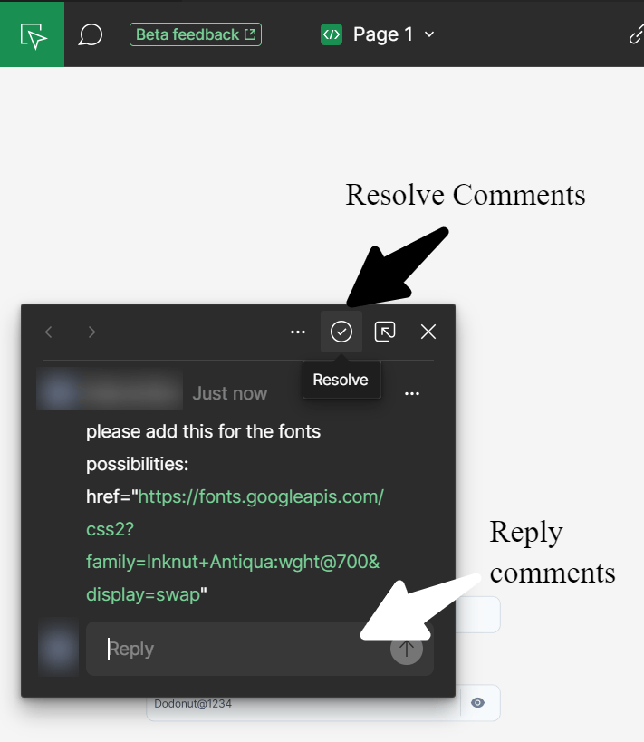 A screenshot shows a comment interface with arrows pointing to "Resolve Comments" and "Reply comments" options, featuring a code snippet for Google Fonts implementation.