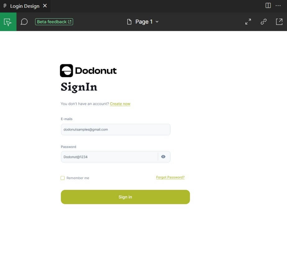A clean login interface for Dodonut featuring email and password fields, with options to create a new account, remember login details, and recover forgotten passwords.