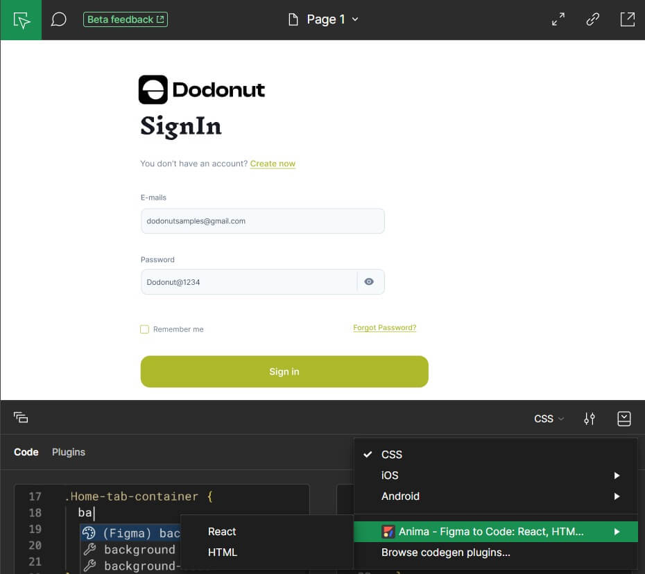A sign-in interface for Dodonut displays email and password fields, with options to create a new account or reset forgotten passwords, shown alongside code snippets in a development environment.